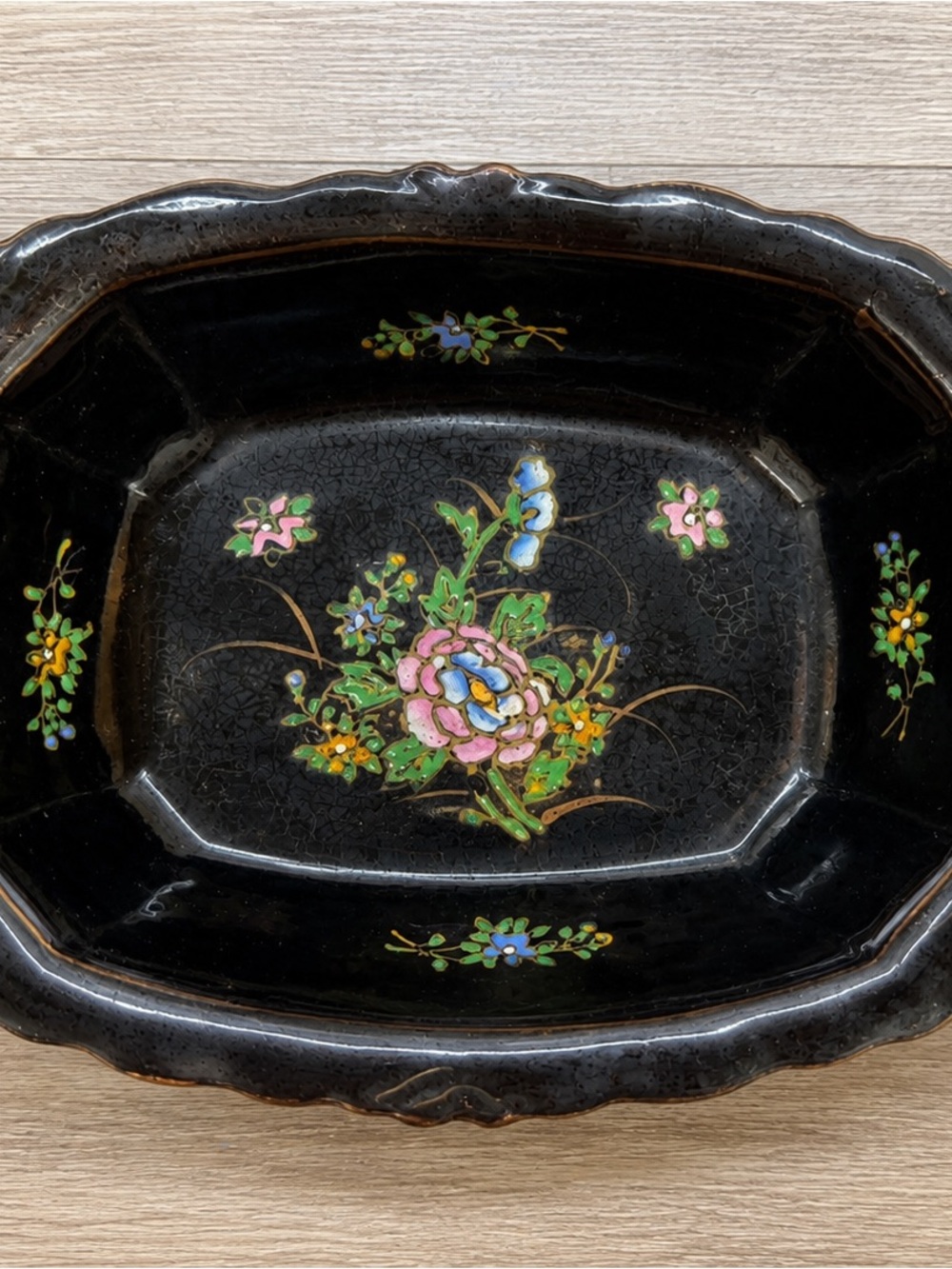 Vintage Japanese Moriage Black Floral Handled Console Bowl Decorative Tray